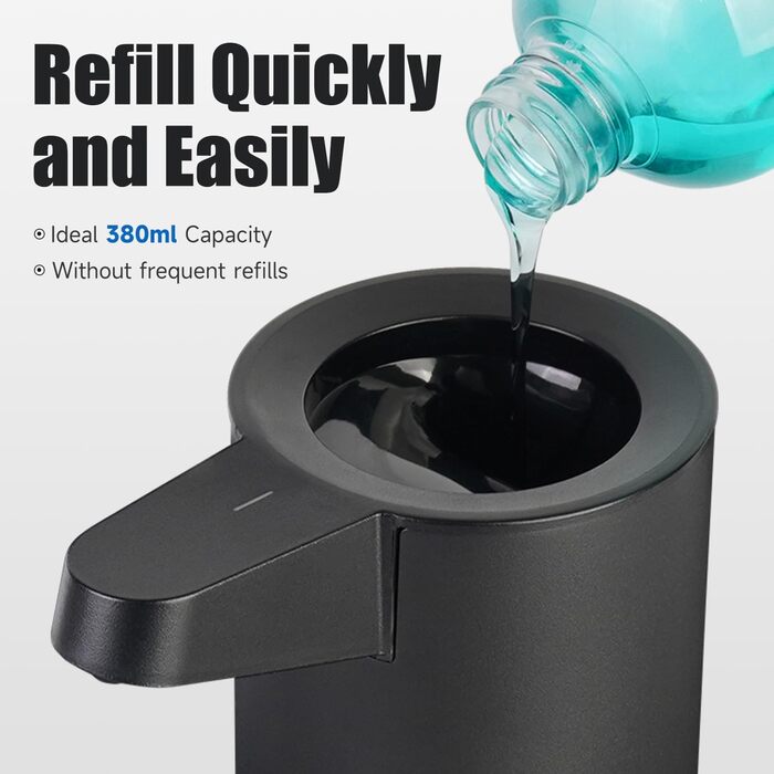 AIKE 380ml Automatic Touchless Soap Dispenser, USB Rechargeable, Matte Black Stainless Steel Soap Dispenser for Bathroom & Kitchen, Model AK1333S