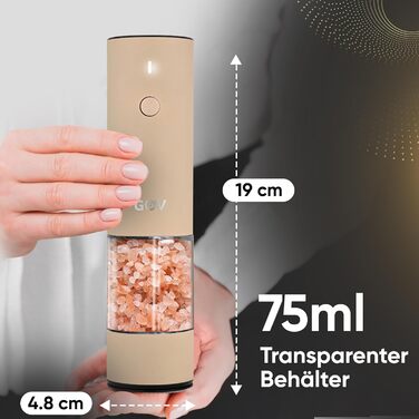 Electric Pepper and Salt Grinder Set - 75 ml Beige Edition - USB-C Rechargeable - 6 Adjustable Grind Sizes - Stylish Beige Stainless Steel Design with LED Light