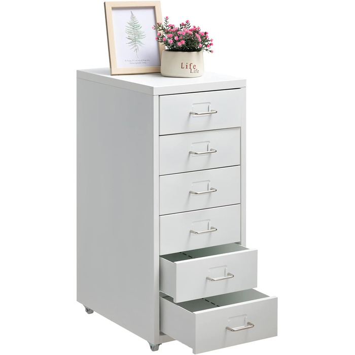 HollyHOME Mobile File Cabinet with 6 Drawers, Rolling File Organizer, Office File Cabinet, Metal Storage Cabinet with Wheels for Home, Office, and School, White White 6-Drawers