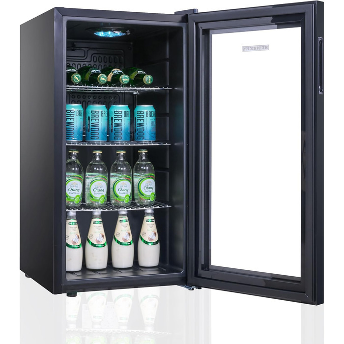 Міні-холодильник Heinrich з скляною дверцятами: компактний, тихий (40dB), LED-підсвічування, для офісу, кемпінгу, саду, об'єм 88 літрів, 3 полиці