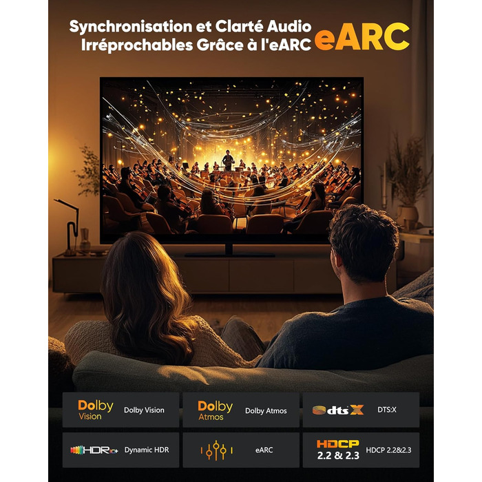 HDMI кабель SNOWKIDS 8K@60Hz 2M, HDMI 2.1, 48Gbit/s, 4K@120Hz, Dolby Vision, DTS:X, HDCP 2.2/2.3, HDR 10, eARC, HDR, сумісний з PS5, HDTV, проектором, PC, монітором, PS4