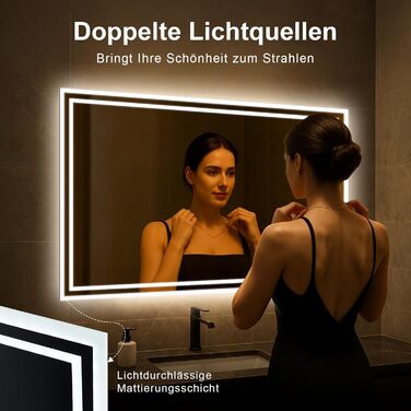 Дзеркало для ванної кімнати зі підсвічуванням 70x50 см, сенсорне керування, протизапітніння, 3 кольори світла, регулювання яскравості