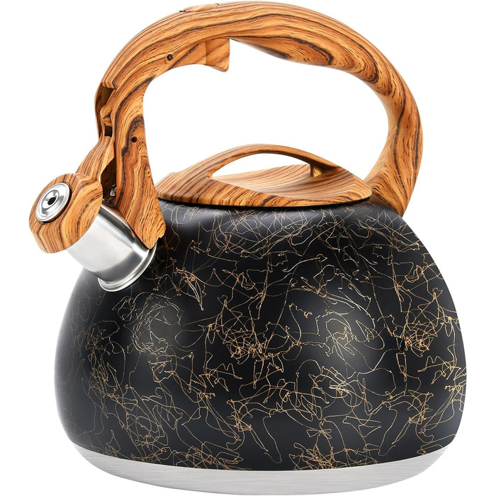 Чайник для плити GGC 3.1 л / 3 л з дерев'яною ручкою, з функцією кипіння, колір: сірий/чорний градієнт, нержавіюча сталь, для дому (Black Art Line)