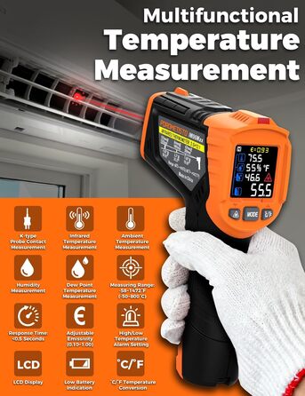 Інфрачервоний термометр лазерний IM06MAX з K-типом зонда (-50°C до 800°C) для промисловості, HVAC, приготування їжі та ремонту авто