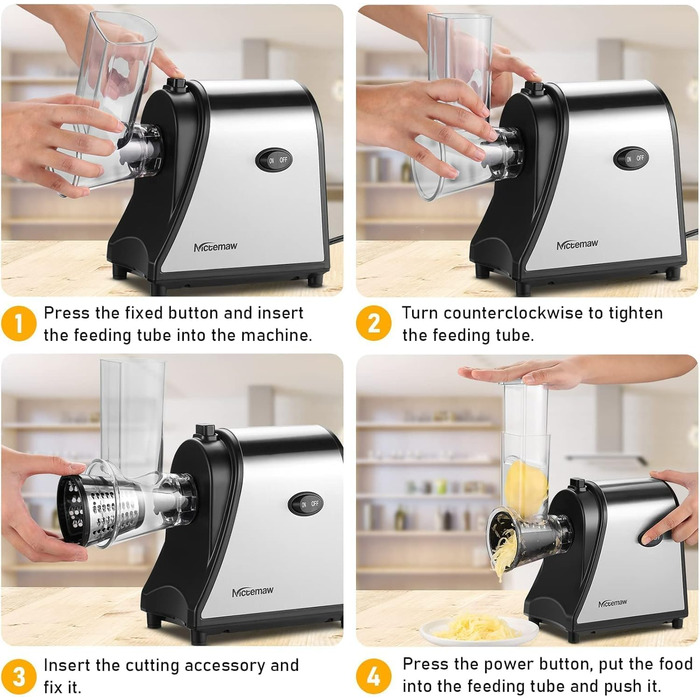 Електричний овочевий слайсер COOCHEER з нержавіючої сталі, 250W. Багатофункціональний подрібнювач з 5 лезами для овочів, сиру, картоплі, моркви, цибулі. Чорний.