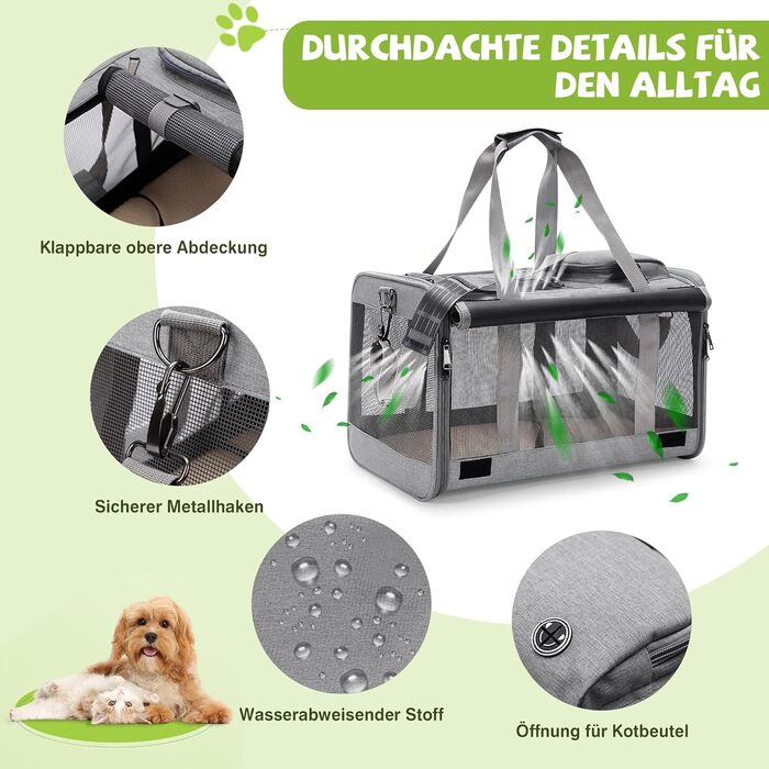 Транспортна сумка для котів та маленьких собак ALLSOPETS до 9 кг, дихаюча переноска, м'яка сумка для подорожей на авто, літак та до ветеринара (Frostgrau)