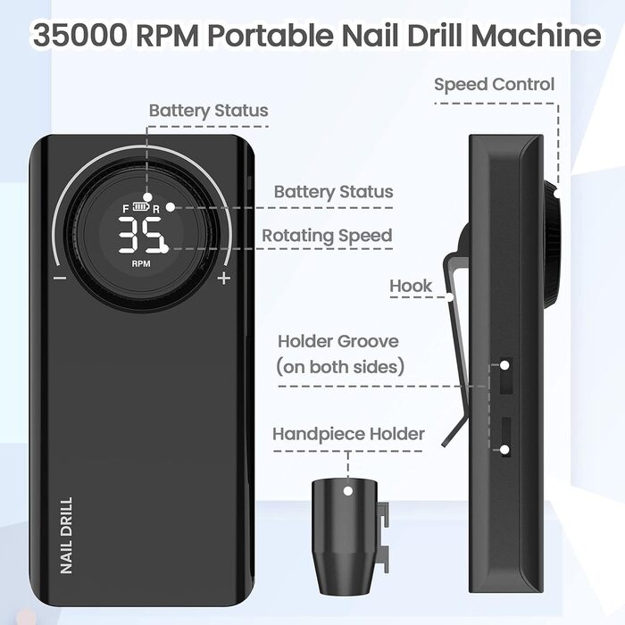 Електричний фрезер для манікюру та педикюру Delanie з акумулятором, 35000 об/хв, для гелю, акрилу, видалення кутикули, LED-дисплей, USB-зарядка (чорний)