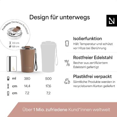 Термокружка для кави та напоїв LARS NYSØM з петлею для перенесення | 380 мл, нержавіюча сталь, Tritan кришка, ізоляція, Mocha Brown