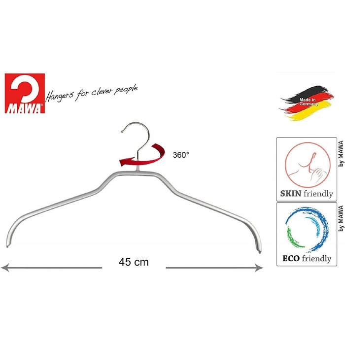 MAWA Clothes Hangers, Set of 10 Space-Saving and Non-Slip Hangers, Ideal for Shirts and Blouses, with 360° Swivel Hook, Non-Slip Coating, 45 cm, Silver