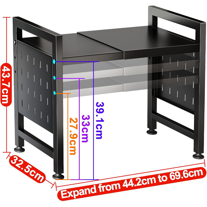 Стійка для мікрохвильової печі SAYZH, 2-рівнева розширювана, з 10 гачками, чорна