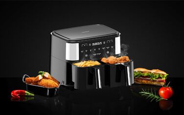Фритюрниця VERTENZ Taste 90 9л з подвійною камерою, аерофритюрниця без олії, 8 програм, 2600 Вт, антипригарне покриття, чорна