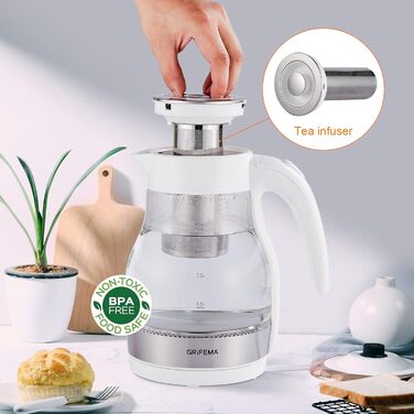 Електричний чайник GRIFEMA 0.8L, 1100W з фільтром від накипу, тихий, швидкий, BPA-Free, для подорожей, автоматичне вимкнення, захист від перегріву, білий (скло з ситом 1.7L)