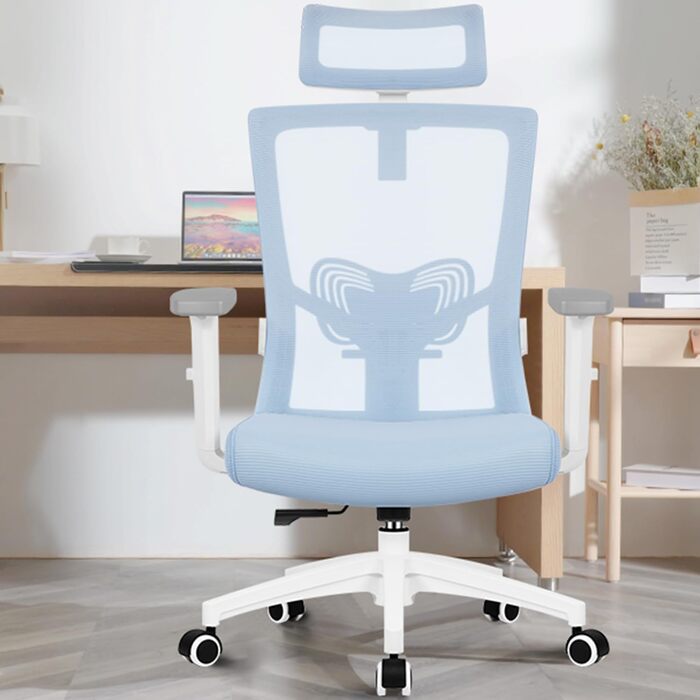 Ергономічне крісло Daccormax для офісу: регульована підголовник, підлокітники, підтримка попереку, поворотний механізм, функція гойдання, дихаюча сітка, для спини, до 150 кг (Блакитний)