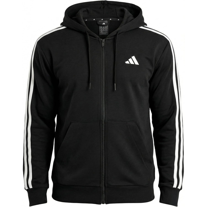 Чоловіча толстовка-худі Adidas Essential Three Stripes на блискавці, френч-террі, чорна/біла, розмір XL