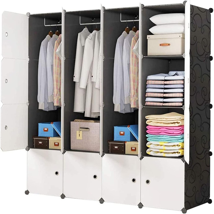 BRIAN & DANY 12-Cube Wardrobe, Modular Closet/Wardrobe Storage Shelf System, Plastic Closet with Doors & 2 Hangers, Additional Stickers Included (16 Cube, Black and White)