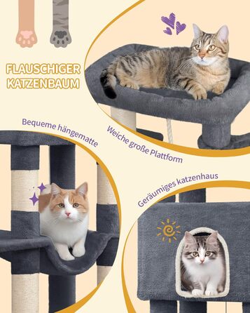 Дерево для котів Hzuaneri, 149 см, з 5 стовпчиками для шліфування, великими платформами, гніздом-хованкою, багатоярусне, з помпонами, MS14918LG (темно-сірий)