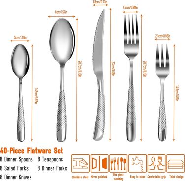 Набір столових приборів на 8 осіб, 40 предметів: ножі, виделки, ложки. Виготовлений з нержавіючої сталі, дзеркально відполірований, придатний для миття в посудомийній машині. Сріблястий колір.