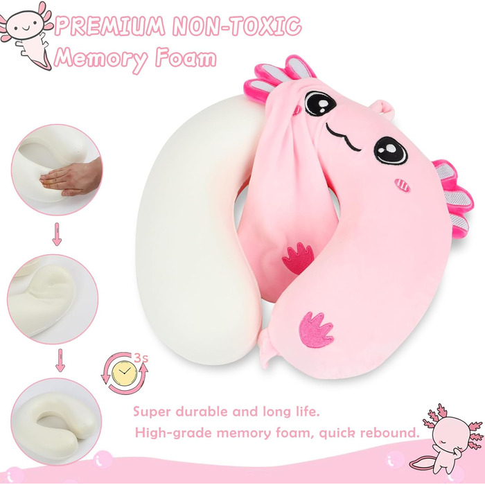 Дитяча подушка для подорожей з маскою для сну, м'яка подушка для шиї з Memory Foam, для дітей, хлопчиків та дівчаток, підлітків, аксесуари для подорожей, подушка для шиї (Аксолотл)