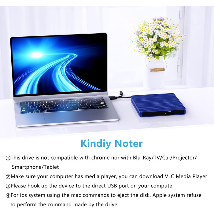 Зовнішній DVD-привід USB 3.0 та Type-C, портативний CD/DVD +/-RW записувач для ноутбука, ПК, MacBook, Windows, macOS, Linux (Темно-синій)