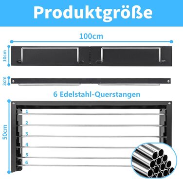 Настінна сушарка для білизни з довгими стрижнями, 5 ліній, розкладна, для ванної кімнати та вулиці (чорний, 100 см)