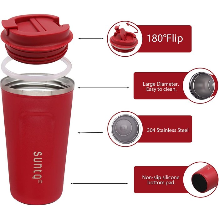 Термокружка з нержавіючої сталі SUNTQ - 510 мл, з подвійною стінкою, ізольована, з кришкою, багаторазова (Чорний)