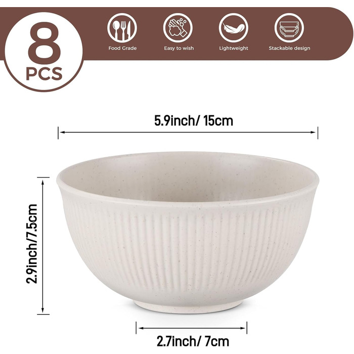 Набір мисок для мюслі та супу, 8 шт, 655 мл. Миски для десертів, супів, мюслі, рамену, локшини. Безпечні для мікрохвильової печі та посудомийної машини.