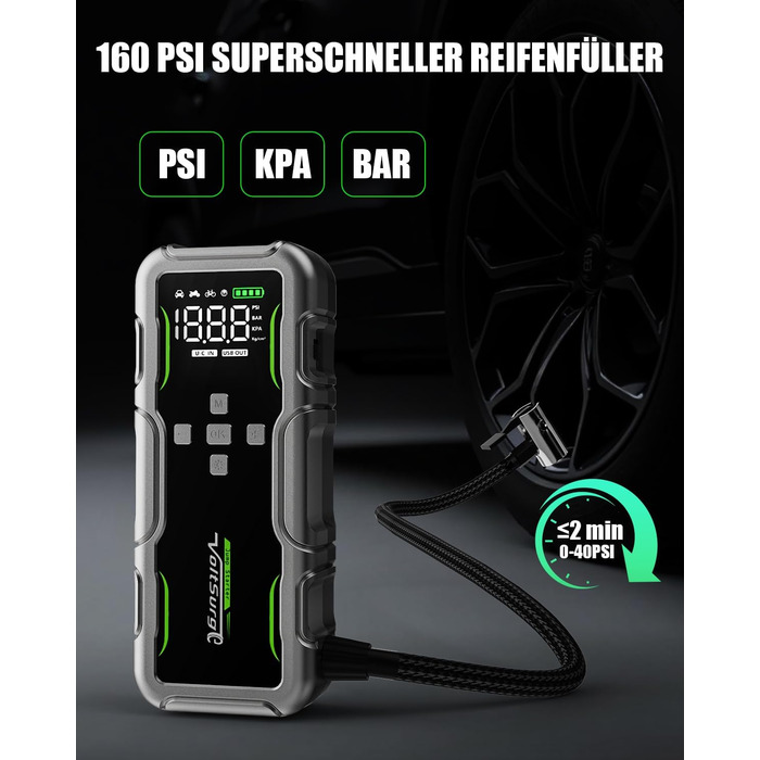 Powerbank VoltSurge 7000A з компресором та функцією запуску двигуна, 160PSI, для автомобілів (бензин та дизель до 10л), 12V, з LED-ліхтариком