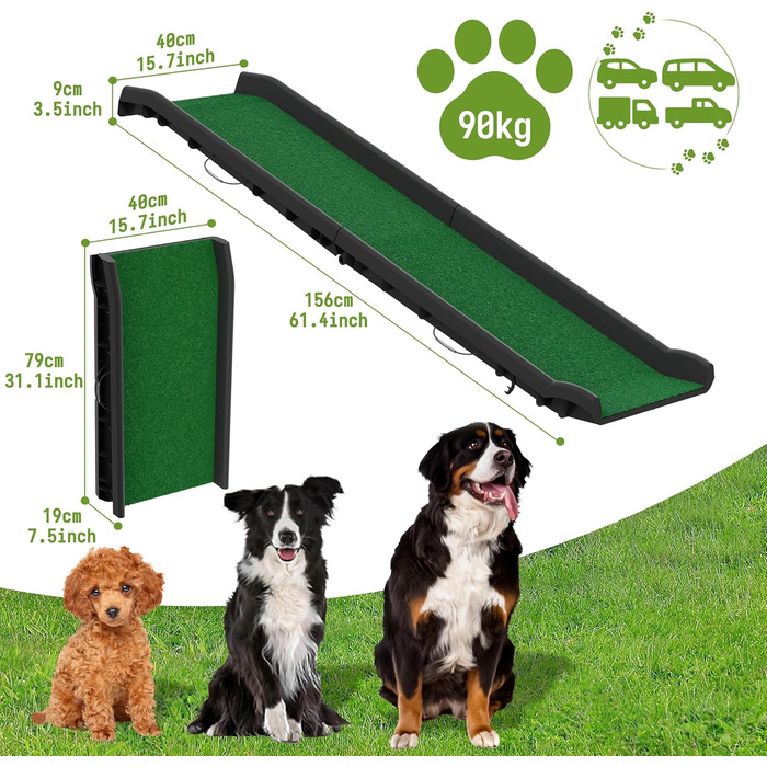 Рампа для собак NAIZY 156 см, складна, з антиковзкими килимками, для собак/кішок/домашніх тварин до 90 кг, з травою