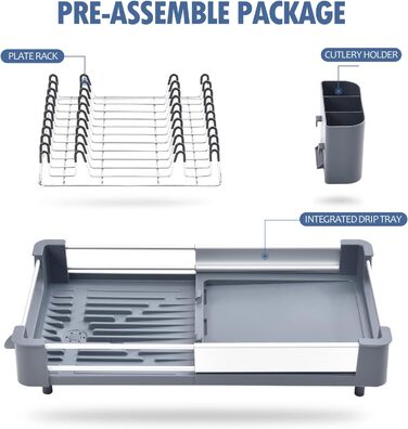 Стійка для посуду KINGRACK: розширювана, з нержавіючої сталі, з підставкою для столових приборів, антиковзаюча, сірого кольору