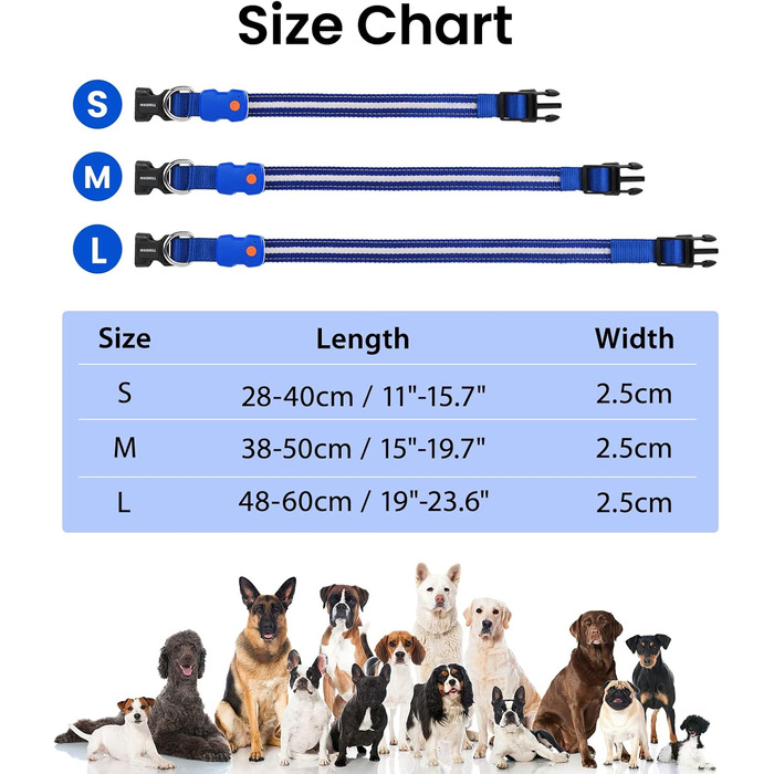 Світлодіодна нашийник для собак ASBRILL з підзарядкою, 7 кольорів RGB, 8 світлодіодів, регульований, вологостійкий, для малих, середніх та великих собак (S, Blue)