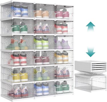SONGMICS Shoe Cabinet 3-Piece Set, with 18 Shoe Boxes, Integrated Shoe Organizer, Foldable, Portable, for Shoe Sizes up to 46, 1-Minute Assembly, Transparent-Cloud White LSP207W01