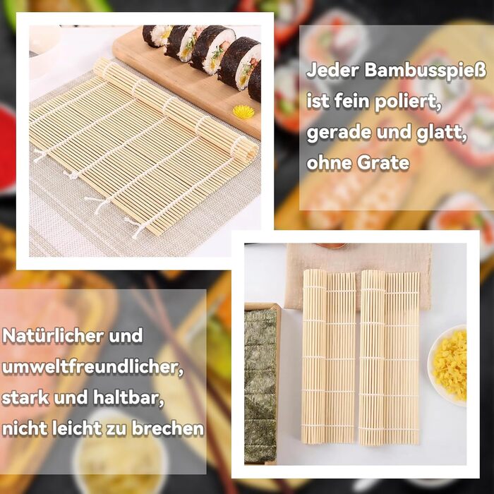 Набір для приготування суші на 10 порцій: 3 бамбукові мати, 5 пар паличок, ніж та ложка для рису. Для початківців та професіоналів