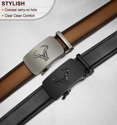 Чоловічий шкіряний ремінь BULLIANT 2 шт. з автоматичною застібкою-ратом, ширина 35 мм, регульований, з подарунковою коробкою (115 см/32'-38' та 105 см/28'-34' розміри, чорний/Tawny7975)