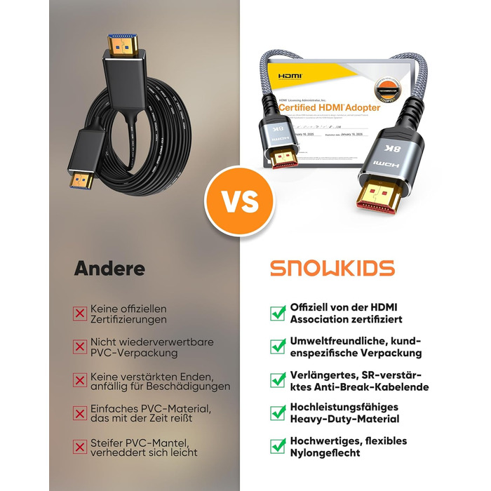 HDMI 2.1 кабель SNOWKIDS 2 метри: 8K@60Hz, 4K@120Hz, 48Gbps, HDR, eARC, HDCP 2.3, сумісний з PS5/PS4/PS3, HDTV, монітор