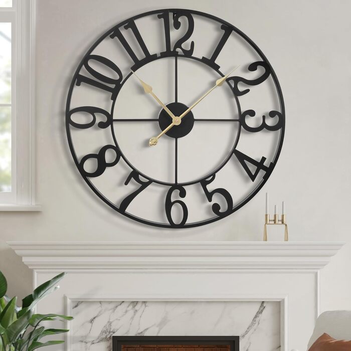 HAITANG Large Vintage Wall Clock, round, metal silent (no ticking), battery-powered, 40cm, 16 inch Roman numerals, clocks for living room, bedroom, kitchen wall clock decoration (Black Arabic numerals, 100 cm)