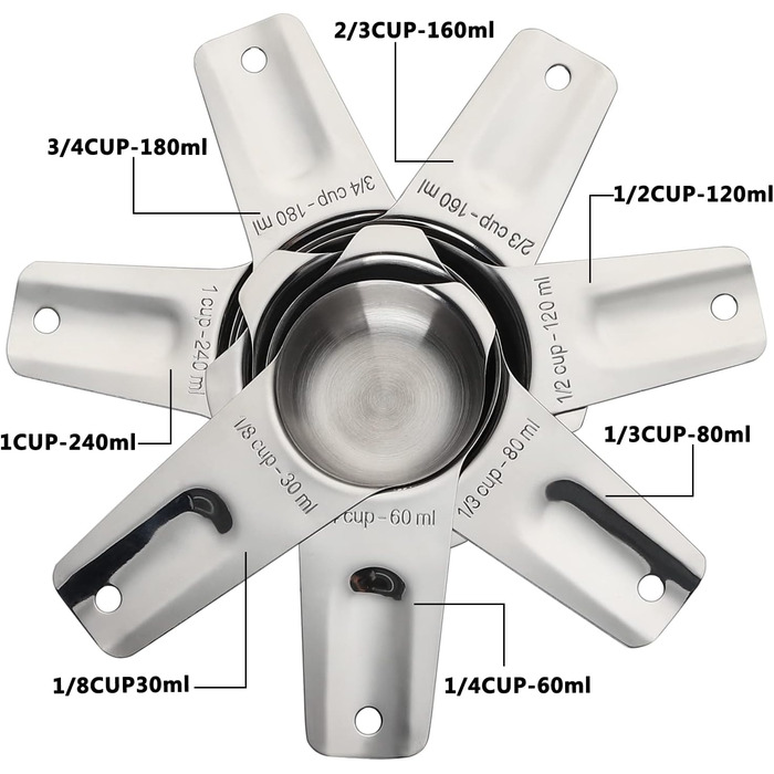 Stainless Steel Measuring Cups 7-Piece Stackable Set for Measuring Dry or Liquid Ingredients Kitchen Helper Metal Measuring Cups for Cooking & Baking (7+B9)