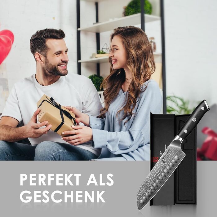 Ніж Santoku Keemake Damastmesser 17.8 см, професійний кухонний ніж з дамаської сталі (67 шарів) для м'яса та риби, ніж для шеф-кухаря 18 см