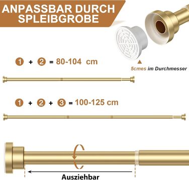 Штанга для штор без свердління AIZESI телескопічна, 80-125 см, діаметр 22 мм, для ванної, вікна, шафи (золота)