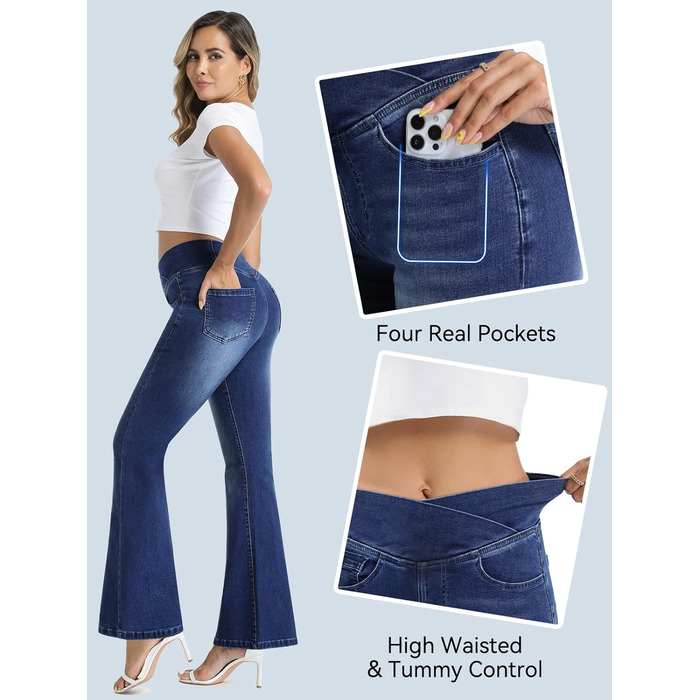 Жіночі джинси Bootcut VX VONXURY з високою посадкою, темно-сині, еластичні, розкльошені, 4 кишені, на кожен день та в офіс, розмір 31