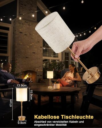 Нічна лампа OCEST на акумуляторі, сенсорне керування, регулювання яскравості, декоративне освітлення для дому, кухні, тераси, обіднього столу. Тканинний абажур кольору античне латунь, висота 41,5 см