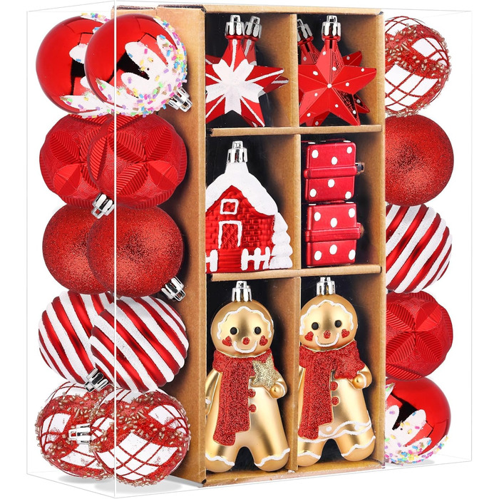 Набір прикрас на ялинку Shareconn 65 шт. - пластикові кулі, міцні, різні розміри та кольори (червоний та білий)