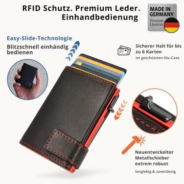 Шкіряний картхолдер SecWal з монетницею та RFID-захистом, компактний гаманець з кнопкою для жінок та чоловіків (Червоно-чорний), Made in Germany