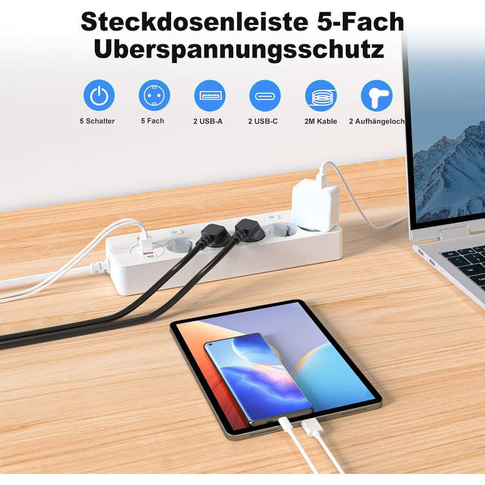 Мережевий адаптер 5-фазний з індивідуальним вимикачем, з 2 USB-A та 2 USB-C, мережевий розподільник 5-фазний з вимикачем, мережева стрічка настінна з 2м кабелем, PD 20W - Білий