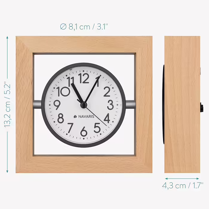 Navaris Analog Wooden Table Clock Square Design - 13.2 x 13.2 x 4.3cm - Analog Clock Without Ticking White Dial - Vintage Pointer Wooden Clock Light Brown