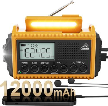 Радіо на батареї 12000mAh з ручним генератором та сонячною панеллю | AM/FM/SW, SOS, USB-C, IPX4, ліхтарик, для кемпінгу та відпочинку на природі, жовте