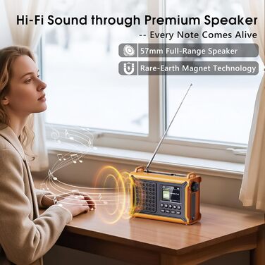 Радіоприймач Kurbelradio з DAB/DAB+/UKW, акумулятор 12000mAh, сонячна панель 8500mm², ручне радіо, Bluetooth 5.0, ліхтарик, для кемпінгу, зелений (жовтий)