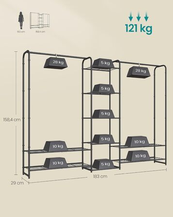 SONGMICS Clothes Rack, Open Wardrobe, Clothes Rail, Coat Rack with Shelves, Metal Wardrobe, Freestanding, Matte Black LGR462B01 (183B cm)