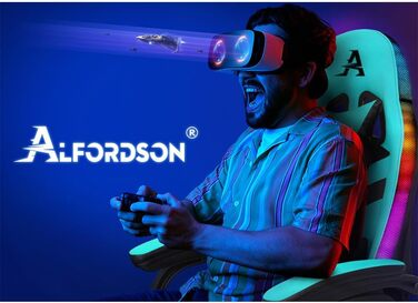 Ігровий крісло ALFORDSON з 8-точковим масажем, RGB LED-підсвічуванням (12 кольорів), ергономічний офісний крісло з підніжкою, підголівником та поперековою подушкою для дітей та дорослих, з PU-шкіри (Цянь)