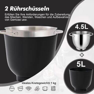Кухонний комбайн Kitchen in the box, планетарний міксер з чашами 4,5 л та 5 л, 1300 Вт, 10+ швидкостей, з насадками (гак, міксер, вінчик), чорний