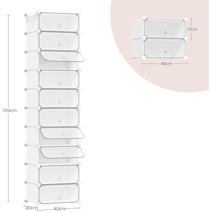 WOLTU Shoe Box, Shoe Storage, Set of 10, Stackable Design, for 20 Pairs, with Door, Hooks, 40x30x170 cm, White